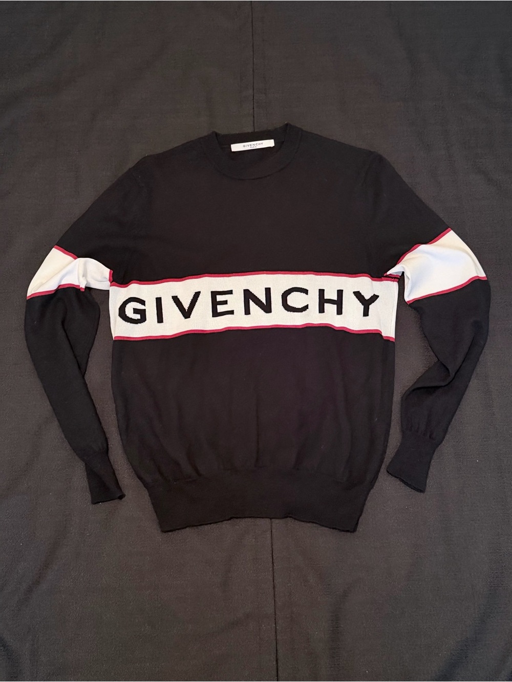 Givenchy Black Crewneck Sweater with White Logo Band and Red Trim